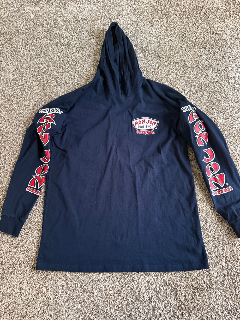 Ron Jon Navy Long Sleeve Hooded Tee with Red Sleeve Graphics